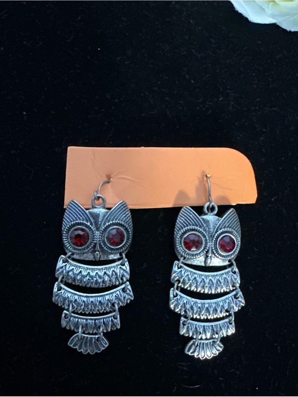 Silver Owl Dangle Earrings with Red Gemstone Eyes